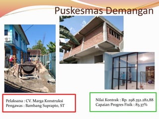 Puskesmas Demangan
Nilai Kontrak : Rp. 298.352.282,88
Capaian Progres Fisik : 83,37%
Pelaksana : CV. Marga Konstruksi
Pengawas : Bambang Suprapto, ST
 