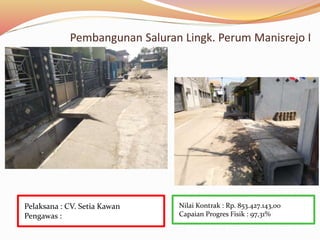 Pembangunan Saluran Lingk. Perum Manisrejo I
Nilai Kontrak : Rp. 853.427.143,00
Capaian Progres Fisik : 97,31%
Pelaksana : CV. Setia Kawan
Pengawas :
 