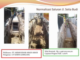 Normalisasi Saluran Jl. Setia Budi
Nilai Kontrak : Rp. 4.596.000.000,oo
Capaian Progres Fisik : 11,60%
Pelaksana : PT. AKBAR SINAR ABADI ABADI
Pengawas : CV KARYA GEMILANG
 