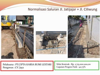 Normalisasi Saluran Jl. Jatijajar + Jl. Ciliwung
Nilai Kontrak : Rp. 2.715.000.000,00
Capaian Progres Fisik : 42,73%
Pelaksana : PT.CIPTA KARSA BUMI LESTARI
Pengawas : CV. Jaya
 