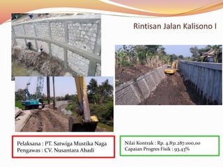 Rintisan Jalan Kalisono I
Nilai Kontrak : Rp. 4.831.287.000,00
Capaian Progres Fisik : 93,43%
Pelaksana : PT. Satwiga Mustika Naga
Pengawas : CV. Nusantara Abadi
 