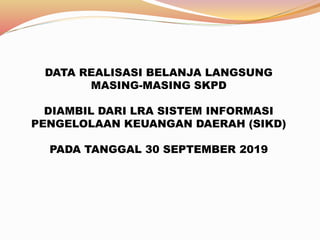 DATA REALISASI BELANJA LANGSUNG
MASING-MASING SKPD
DIAMBIL DARI LRA SISTEM INFORMASI
PENGELOLAAN KEUANGAN DAERAH (SIKD)
PADA TANGGAL 30 SEPTEMBER 2019
 