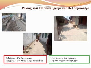Pavingisasi Kel Tawangrejo dan Kel Rejomulyo
Nilai Kontrak : Rp. 394.124.511
Capaian Progres Fisik : 76,44%
Pelaksana : CV. Suryatama
Pengawas : CV. Mitra Surya Konsultan
 