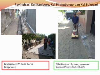 Pavingisasi Kel Kanigoro, Kel Pilangbango dan Kel Sukosari
Nilai Kontrak : Rp. 409.320.000,00
Capaian Progres Fisik : 78,25%
Pelaksana : CV. Zona Karya
Pengawas :
 
