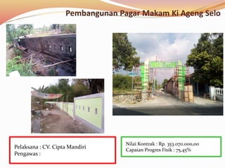 Pembangunan Pagar Makam Ki Ageng Selo
Nilai Kontrak : Rp. 353.070.000,00
Capaian Progres Fisik : 75,45%
Pelaksana : CV. Cipta Mandiri
Pengawas :
 