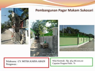 Pembangunan Pagar Makam Sukosari
Nilai Kontrak : Rp. 364.166.000,00
Capaian Progres Fisik : %
Pelaksana : CV. MITRA KARYA ABADI
Pengawas :
 