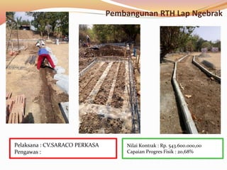 Pembangunan RTH Lap Ngebrak
Nilai Kontrak : Rp. 543.600.000,00
Capaian Progres Fisik : 20,68%
Pelaksana : CV.SARACO PERKASA
Pengawas :
 