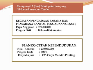 KEGIATAN PENGADAAN SARANA DAN
PRASARANA KANTOR PENGADAAN GENSET
Pagu Anggaran : 375.000.000
Progres Fisik : Belum dilaksanakan
BLANKO CETAK KEPENDUDUKAN
Nilai Kontrak : 270.000.000
Progres Fisik : 100%
Penyedia Jasa : CV. Cerya Mandiri Printing
Mempunyai 2 (dua) Paket pekerjaan yang
dilaksanakan secara Tender :
 