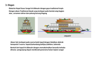 3. Elegan
Eksterior Kapal Susur Sungai ini didesain dengan gaya tradisional tropis
Dengan aksen Tradisional dayak yang terdapat pada bentuk atap bagian
atas , ornamen ukiran dan patung burung tingang
Aksen lain terdapat pada warna body kapal dengan lekukkan abstrak
komposisi 5 warna baputi,bahandang,bahijau,babilem, bahenda
Bentuk lain kapal ini didesain dengan memaksimalkan beranda terbuka
dimana pengunjung dapat menikmati panorama hutan tepian sungai
 
