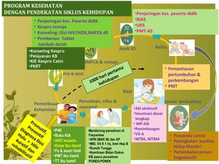 28
Pemeriksaan
Kehamilan
Bayi
BalitaAnak SD
Anak SMP/A & remaja
1000 hari pertama
kehidupan
PUS & WUS
Lansia berkualitas
Promotif,
Preventif
Diagnosa Dini
Hulu
=
Hilir
kuratif dan
rehabilitatif
Persalinan, nifas &
neonatal
•Penjaringan kes. peserta didik
•BIAS
•UKS
•PMT-AS
• Penjaringan kes. Peserta didik
• Kespro remaja
• Konseling: Gizi HIV/AIDS,NAPZA dll
• Pemberian Tablet
tambah darah
•Konseling Kespro
•Pelayanan KB
•KIE Kespro Catin
•PKRT
Mendorong persalinan di
Fasyankes
•APN (MAK III) dan KF
•IMD, Vit K 1 inj, Imm Hep B
•Rumah Tunggu
•Kemitraan Bidan Dukun
KB pasca persalinan
PONED-PONEK
•P4K
•Buku KIA
•ANC terpadu
•Kelas Ibu Hamil
•Fe & asam folat
•PMT ibu hamil
•TT ibu hamil
•ASI eksklusif
•Imunisasi dasar
lengkap
• MP-ASI
•Penimbangan
•Vit A
•MTBS, MTBM
• Pemantauan
pertumbuhan &
perkembangan
• PMT
• Posyandu Lansia
• Peningkatan kualitas
Hidup Mandiri
• Perlambatan proses
Degeneratif
PROGRAM KESEHATAN
DENGAN PENDEKATAN SIKLUS KEHIDUPAN
 