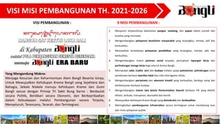 Yang Mengandung Makna:
Menjaga Kesucian dan Keharmonisan Alam Bangli Beserta Isinya,
Untuk Mewujudkan Kehidupan Krama Bangli yang Sejahtera dan
Bahagia, Sekala Niskala menuju Kehidupan Krama dan Gumi
Bangli sesuai dengan Prinsip Tri Sakti Bung Karno : Berdaulat
secara Politik, Berdikari secara Ekonomi, dan Berkepribadian
dalam Kebudayaan melalui Pembangunan secara Terpola,
Menyeluruh, Terencana, Terarah, dan Terintegrasi.
9 MISI PEMBANGUNAN :
1. Menjamin terpenuhinya kebutuhan pangan, sandang, dan papan dalam jumlah dan
kualitas yang memadai.
2. Mengembangkan pelayanan kesehatan masyarakat yang terjangkau, merata, adil dan
berkualitas.
3. Memastikan tersedianya pelayanan pendidikan yang terjangkau, merata, adil, dan
berkualitas.
4. Mengembangkan sistem jaminan sosial terpadu, penciptaan lapangan kerja dan
perlindungan tenaga kerja bagi seluruh Krama Bangli.
5. Memajukan adat, tradisi, seni dan budaya melalui upaya pelestarian, pelindungan serta
pembinaan berbasis kearifan lokal dan nilai-nilai Agama Hindu.
6. Mengembangkan pariwisata dan ekonomi kreatif yang berkualitas, berdaya saing dan
berkelanjutan berbasis budaya.
7. Mengembangkan sistem tata kelola Pemerintahan Daerah berbasis TIK yang efektif,
efisien, terbuka, transparan, akuntabel dan bersih.
8. Mewujudkan kehidupan Krama Bangli yang demokratis dan berkeadilan.
9. Meningkatkan pembangunan infrastruktur secara terintegrasi untuk mendukung ases
dan mutu pelayanan publik.
VISI PEMBANGUNAN :
VISI MISI PEMBANGUNAN TH. 2021-2026
 