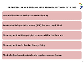 10 
ARAH KEBIJAKAN PEMBANGUNAN PERKOTAAN TAHUN 2015-2019 
Mewujudkan Sistem Perkotaan Nasional (SPN). 
Pemenuhan Pelayanan Perkotaan (SPP) dan Kota Layak Huni 
Membangun Kota Hijau yang Berketahanan Iklim dan Bencana 
Membangun Kota Cerdas dan Berdaya Saing 
Meningkatkan kapasitas tata kelola pembangunan perkotaan 
 