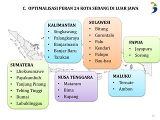 PAPUA 
• Jayapura 
• Sorong 
16 
C. OPTIMALISASI PERAN 24 KOTA SEDANG DI LUAR JAWA 
SULAWESI 
• Bitung 
• Gorontalo 
• Palu 
• Kendari 
• Palopo 
• Bau-bau 
MALUKU 
• Ternate 
• Ambon 
KALIMANTAN 
• Singkawang 
• Palangkaraya 
• Banjarmasin 
• Banjar Baru 
• Tarakan 
NUSA TENGGARA 
• Mataram 
• Bima 
• Kupang 
SUMATERA 
• Lhokseumawe 
• Payakumbuh 
• Tanjung Pinang 
• Tebing Tinggi 
• Dumai 
• Lubuklinggau 
 