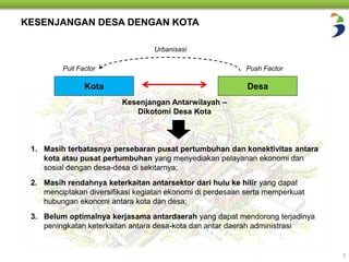 KESENJANGAN DESA DENGAN KOTA 
Urbanisasi 
Pull Factor Push Factor 
Kota Desa 
Kesenjangan Antarwilayah – 
Dikotomi Desa Kota 
1. Masih terbatasnya persebaran pusat pertumbuhan dan konektivitas antara 
kota atau pusat pertumbuhan yang menyediakan pelayanan ekonomi dan 
sosial dengan desa-desa di sekitarnya; 
2. Masih rendahnya keterkaitan antarsektor dari hulu ke hilir yang dapat 
menciptakan diversifikasi kegiatan ekonomi di perdesaan serta memperkuat 
hubungan ekonomi antara kota dan desa; 
3. Belum optimalnya kerjasama antardaerah yang dapat mendorong terjadinya 
peningkatan keterkaitan antara desa-kota dan antar daerah administrasi 
3 
 