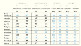 Primary completion rate Lower secondary completion rate Youth literacy rate Adult literacy rate
Male female Male female Male female Male female
% of relevant age group % of relevant age group % of relevant age group % of relevant age group % of ages 15-24 % of ages 15-24 % ages 15 and older % ages 15 and older
2016 2016 2016 2016 2007-16 2007-16 2007-16 2007-16
Brunei
Darussalam 101 103 102 101 99 100 97 95
Cambodia 91 94 46 49 88 86 83 66
Indonesia 99 99 94 97 100 100 97 94
Lao PDR 101 99 69 65 77 67 67 50
Malaysia 100 102 82 87 98 98 95 91
Myanmar 88 89 51 57 85 84 80 72
Philippines 99 104 78 88 97 99 96 97
Singapore 100 99 .. .. 100 100 99 95
Thailand 93 88 78 80 98 98 95 91
Timor-Leste 93 98 76 85 80 79 64 53
Vietnam 105 105 85 90 97 97 96 91
 