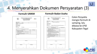 4. Menyerahkan Dokumen Persyaratan (3)
Formulir UMKM Formulir Badan Usaha
Calon Penyedia
mengisi formulir di
samping, lalu
dibawa ke LPSE
Kabupaten Tegal
 
