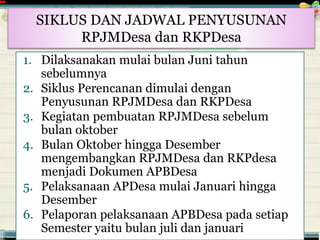............................................. mr.irwan@cbn.net.id
1. Dilaksanakan mulai bulan Juni tahun
sebelumnya
2. Siklus Perencanan dimulai dengan
Penyusunan RPJMDesa dan RKPDesa
3. Kegiatan pembuatan RPJMDesa sebelum
bulan oktober
4. Bulan Oktober hingga Desember
mengembangkan RPJMDesa dan RKPdesa
menjadi Dokumen APBDesa
5. Pelaksanaan APDesa mulai Januari hingga
Desember
6. Pelaporan pelaksanaan APBDesa pada setiap
Semester yaitu bulan juli dan januari
SIKLUS DAN JADWAL PENYUSUNAN
RPJMDesa dan RKPDesa
 