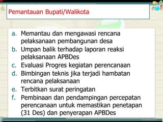 ............................................. mr.irwan@cbn.net.id
a. Memantau dan mengawasi rencana
pelaksanaan pembangunan desa
b. Umpan balik terhadap laporan reaksi
pelaksanaan APBDes
c. Evaluasi Progres kegiatan perencanaan
d. Bimbingan teknis jika terjadi hambatan
rencana pelaksanaan
e. Terbitkan surat peringatan
f. Pembinaan dan pendampingan percepatan
perencanaan untuk memastikan penetapan
(31 Des) dan penyerapan APBDes
Pemantauan Bupati/Walikota
 