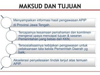 Menyampaikan informasi hasil pengawasan APIP
di Provinsi Jawa Tengah.
Tercapainya kesamaan pemahaman dan komitmen
mengenai upaya mencapai tujuan & sasaran
Pemerintahan yang bebas dari KKN;
Tersosialisasinya kebijakan pengawasan untuk
pelaksanaan tata kelola Pemerintah Daerah yg
baik;
Akselerasi penyelesaian tindak lanjut atas temuan
APIP.
MAKSUD DAN TUJUAN
 