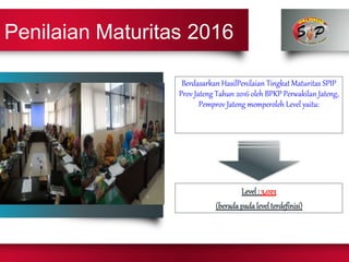 Penilaian Maturitas 2016
Berdasarkan HasilPenilaian Tingkat Maturitas SPIP
Prov Jateng Tahun 2016 oleh BPKP Perwakilan Jateng,
Pemprov Jateng memperoleh Level yaitu:
Level: 3,023
(beradapadalevelterdefinisi)
 