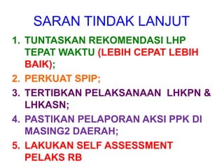 SARAN TINDAK LANJUT
1. TUNTASKAN REKOMENDASI LHP
TEPAT WAKTU (LEBIH CEPAT LEBIH
BAIK);
2. PERKUAT SPIP;
3. TERTIBKAN PELAKSANAAN LHKPN &
LHKASN;
4. PASTIKAN PELAPORAN AKSI PPK DI
MASING2 DAERAH;
5. LAKUKAN SELF ASSESSMENT
PELAKS RB
 