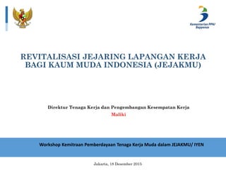REVITALISASI JEJARING LAPANGAN KERJA
BAGI KAUM MUDA INDONESIA (JEJAKMU)
Direktur Tenaga Kerja dan Pengembangan Kesempatan Kerja
Maliki
Jakarta, 18 Desember 2015
Workshop Kemitraan Pemberdayaan Tenaga Kerja Muda dalam JEJAKMU/ IYEN
 