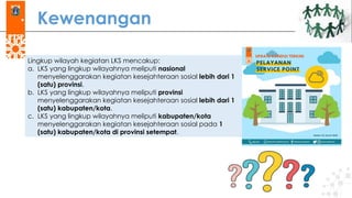 Kewenangan
Lingkup wilayah kegiatan LKS mencakup:
a. LKS yang lingkup wilayahnya meliputi nasional
menyelenggarakan kegiatan kesejahteraan sosial lebih dari 1
(satu) provinsi.
b. LKS yang lingkup wilayahnya meliputi provinsi
menyelenggarakan kegiatan kesejahteraan sosial lebih dari 1
(satu) kabupaten/kota.
c. LKS yang lingkup wilayahnya meliputi kabupaten/kota
menyelenggarakan kegiatan kesejahteraan sosial pada 1
(satu) kabupaten/kota di provinsi setempat.
 