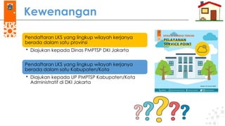Kewenangan
Pendaftaran LKS yang lingkup wilayah kerjanya
berada dalam satu provinsi
• Diajukan kepada Dinas PMPTSP DKI Jakarta
Pendaftaran LKS yang lingkup wilayah kerjanya
berada dalam satu Kabupaten/Kota
• Diajukan kepada UP PMPTSP Kabupaten/Kota
Administratif di DKI Jakarta
 