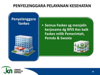 JAMINAN
KESEHATAN
NASIONAL
22
• Semua Faskes yg menjalin
kerjasama dg BPJS Kes baik
Faskes milik Pemerintah,
Pemda & Swasta
Penyelenggara
Yankes
PENYELENGGARA PELAYANAN KESEHATAN
 