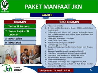 JAMINAN
KESEHATAN
NASIONAL
PAKET MANFAAT JKN
KEMENKES
30
YANKES
DIJAMIN
1. Yankes Tk Pertama
2. Yankes Rujukan Tk
Lanjutan
a. Rawat Jalan
b. Rawat Inap
TIDAK DIJAMIN
a. Tidak sesuai prosedur
b. Di Faskes yg tidak bekerjasama dengan BPJS (kecuali utk kasus
gawat darurat)
c. Yankes yang telah dijamin oleh program jaminan kecelakaan
kerja terhadap penyakit atau cedera akibat kecelakaan kerja
atau hubungan kerja
d. Yankes yang dilakukan di Luar Negeri
e. Yankes untuk tujuan estetik
f. Pelayanan untuk mengatasi infertilitas
g. Meratakan gigi (ortodonsi)
h. Ganggauan kes/penyakit akibat ketergantungan obat dan/atau
alkohol
i. Gangguan kes akibat sengaja menyakiti diri sendiri
j. Pengobatan komplementer, alternatif dan tradisional
k. Pengobatan yang dikatagorikan sebagai percobaan
l. Alat kontrasepsi, kosmetik, makan bayi dan susu
m. Perbekalan rumah tangga
n. Yankes akibat bencana pd masa tanggap darurat, KLB
o. Biaya pelayanan lainnya yg tidak ada hub dengan manfaat
Jaminan kes yg diberikan
*) Perpres No. 12 Pasal 22 & 25
 