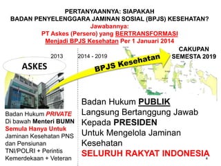 ASKES
2013 2014 - 2019
PERTANYAANNYA: SIAPAKAH
BADAN PENYELENGGARA JAMINAN SOSIAL (BPJS) KESEHATAN?
Jawabannya:
PT Askes (Persero) yang BERTRANSFORMASI
Menjadi BPJS Kesehatan Per 1 Januari 2014
CAKUPAN
SEMESTA 2019
Badan Hukum PRIVATE
Di bawah Menteri BUMN
Semula Hanya Untuk
Jaminan Kesehatan PNS
dan Pensiunan
TNI/POLRI + Perintis
Kemerdekaan + Veteran
Badan Hukum PUBLIK
Langsung Bertanggung Jawab
Kepada PRESIDEN
Untuk Mengelola Jaminan
Kesehatan
SELURUH RAKYAT INDONESIA4
 