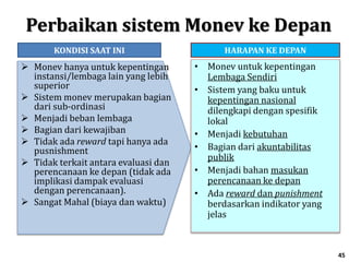 Perbaikan sistem Monev ke Depan
 Monev hanya untuk kepentingan
instansi/lembaga lain yang lebih
superior
 Sistem monev merupakan bagian
dari sub-ordinasi
 Menjadi beban lembaga
 Bagian dari kewajiban
 Tidak ada reward tapi hanya ada
pusnishment
 Tidak terkait antara evaluasi dan
perencanaan ke depan (tidak ada
implikasi dampak evaluasi
dengan perencanaan).
 Sangat Mahal (biaya dan waktu)
• Monev untuk kepentingan
Lembaga Sendiri
• Sistem yang baku untuk
kepentingan nasional
dilengkapi dengan spesifik
lokal
• Menjadi kebutuhan
• Bagian dari akuntabilitas
publik
• Menjadi bahan masukan
perencanaan ke depan
• Ada reward dan punishment
berdasarkan indikator yang
jelas
KONDISI SAAT INI HARAPAN KE DEPAN
45
 