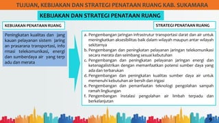 9
TUJUAN, KEBIJAKAN DAN STRATEGI PENATAAN RUANG KAB. SUKAMARA
KEBIJAKAN PENATAAN RUANG
KEBIJAKAN DAN STRATEGI PENATAAN RUANG
Peningkatan kualitas dan jang
kauan pelayanan sistem jaring
an prasarana transportasi, info
rmasi telekomunikasi, energi
dan sumberdaya air yang terp
adu dan merata
STRATEGI PENATAAN RUANG
a. Pengembangan jaringan infrastrutur transportasi darat dan air untuk
meningkatkan aksesibilitas baik dalam wilayah maupun antar wilayah
sekitarnya
b. Pengembangan dan peningkatan pelayanan jaringan telekomunikasi
secara merata dan seimbang sesuai kebutuhan
c. Pengembangan dan peningkatan pelayanan jaringan energi dan
ketenagalistrikan dengan memanfaatkan potensi sumber daya yang
ada dan terbarukan
d. Pengembangan dan peningkatan kualitas sumber daya air untuk
memenuhi kebutuhan air bersih dan irigasi
e. Pengembangan dan pemanfaatan teknologi pengolahan sampah
ramah lingkungan
f. Pengembangan instalasi pengolahan air limbah terpadu dan
berkelanjutan
 