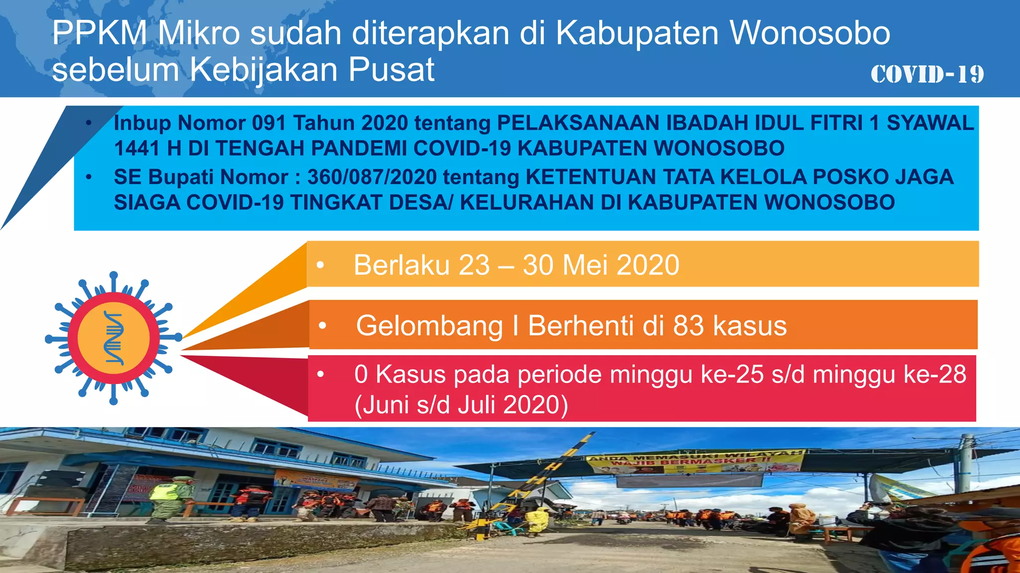 PPKM Mikro sudah diterapkan di Kabupaten Wonosobo
sebelum Kebijakan Pusat
• Berlaku 23 – 30 Mei 2020
• Gelombang I Berhenti di 83 kasus
• 0 Kasus pada periode minggu ke-25 s/d minggu ke-28
(Juni s/d Juli 2020)
• Inbup Nomor 091 Tahun 2020 tentang PELAKSANAAN IBADAH IDUL FITRI 1 SYAWAL
1441 H DI TENGAH PANDEMI COVID-19 KABUPATEN WONOSOBO
• SE Bupati Nomor : 360/087/2020 tentang KETENTUAN TATA KELOLA POSKO JAGA
SIAGA COVID-19 TINGKAT DESA/ KELURAHAN DI KABUPATEN WONOSOBO
 