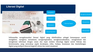 Literasi Digital
Informatika mengakomodasi literasi digital yang didefinisikan sebagai kemampuan untuk
mengakses, mengatur, memahami, mengintegrasikan, mengkomunikasikan, mengevaluasi dan
mengkreasi informasi dengan aman dan tepat melalui teknologi digital untuk bekerja dan
berwirausaha, yang mencakup aspek kecakapan, etika, budaya, keamanan dan keseimbangan
digital yang meliputi dimensi kognitif, teknis dan sosial emosional.
 