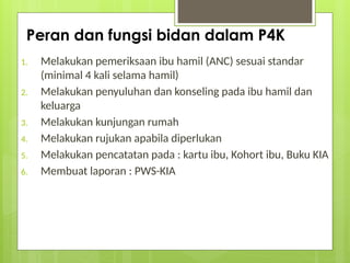 Peran dan fungsi bidan dalam P4K
1. Melakukan pemeriksaan ibu hamil (ANC) sesuai standar
(minimal 4 kali selama hamil)
2. Melakukan penyuluhan dan konseling pada ibu hamil dan
keluarga
3. Melakukan kunjungan rumah
4. Melakukan rujukan apabila diperlukan
5. Melakukan pencatatan pada : kartu ibu, Kohort ibu, Buku KIA
6. Membuat laporan : PWS-KIA
 