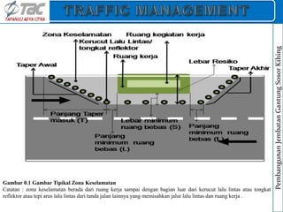 Gambar 0.1 Gambar Tipikal Zona Keselamatan
Catatan : zona keselamatan berada dari ruang kerja sampai dengan bagian luar dari kerucut lalu lintas atau tongkat
reflektor atau tepi arus lalu lintas dari tanda jalan lainnya yang memisahkan jalur lalu lintas dan ruang kerja .
Pembangunan
Jembatan
Gantung
Sosor
Kihing
 