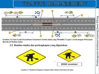 Gambar 3.6 Tata Letak Perambuan Sementara Untuk Jalan yang Memiliki 2 Lajur 2 Arah dengan Pekerjaan
Berada di Median Jalan
3.2 Rambu-rambu dan perlengkapan yang digunakan
Gambar 3.7 Rambu Peringatan sebagai Tanda Adanya Pekerjaan di Jalan
Pembangunan
Jembatan
Gantung
Sosor
Kihing
 
