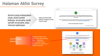 • Pengisian data tracer
study Anda telah selesai
• Anda diharapkan
memberikan tautan
pengisian ke supervisor /
atasan langsung
Alumni yang
bekerja
Alumni yang melanjutkan
studi, studi sambil
bekerja, wirausaha, studi
sambil wirausaha, atau
mencari pekerjaan
Halaman Akhir Survey
Selamat Anda telah
selesai mengisi survey
Tracer study
 