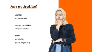 Apa yang diperlukan?
Alumni:
NISN atau NIK
Satuan Pendidikan:
email dan NPSN
DUDI:
email aktif
(untuk registrasi)
 