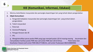 6
KIE (Komunikasi, Informasi, Edukasi)
1. Memicu keterlibatan masyarakat dan pemangku kepentingan lain yang terkait dalam pengendalian
2. Objek Komunikasi:
a. Pengambil kebijakan masyarakat dan pemangku kepentingan lain yang terkait dalam
pengendalian
b. Tokoh masyarakat
c. Peternak
d. Asosiasi/Pedagang
e. Petugas Keswan dan IB
f. PPL
g. Mengintensifkan peran posko PMK yang juga menjadi posko LSD di masing-masing kecamatan dan
menyediakan fasilitas posko PMK dan call center PMK dan LSD di Dinas Peternakan dan
Kesehatan Hewan (call center PMK 081277198131, call center Puskeswan 082310880990)
Dinas Peternakan dan Kesehatan Hewan
Kabupaten Pasuruan
 