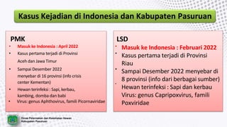 LSD
Masuk ke Indonesia : Februari 2022
Kasus pertama terjadi di Provinsi
Riau
Sampai Desember 2022 menyebar di
8 provinsi (info dari berbagai sumber)
Hewan terinfeksi : Sapi dan kerbau
Virus: genus Capripoxvirus, famili
Poxviridae
PMK
• Masuk ke Indonesia : April 2022 •
• Kasus pertama terjadi di Provinsi •
Aceh dan Jawa Timur
• Sampai Desember 2022 •
menyebar di 16 provinsi (info crisis
center Kementan) •
• Hewan terinfeksi : Sapi, kerbau,
kambing, domba dan babi
• Virus: genus Aphthovirus, famili Picornaviridae
Kasus Kejadian di Indonesia dan Kabupaten Pasuruan
Dinas Peternakan dan Kesehatan Hewan
Kabupaten Pasuruan
 