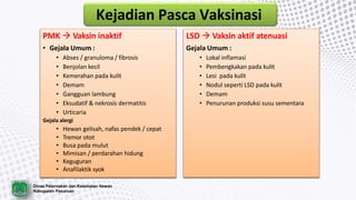 Dinas Peternakan dan Kesehatan Hewan
Kabupaten Pasuruan
Kejadian Pasca Vaksinasi
PMK  Vaksin inaktif
• Gejala Umum :
• Abses / granuloma / fibrosis
• Benjolan kecil
• Kemerahan pada kulit
• Demam
• Gangguan lambung
• Eksudatif & nekrosis dermatitis
• Urticaria
Gejala alergi
• Hewan gelisah, nafas pendek / cepat
• Tremor otot
• Busa pada mulut
• Mimisan / perdarahan hidung
• Keguguran
• Anafilaktik syok
LSD  Vaksin aktif atenuasi
Gejala Umum :
• Lokal inflamasi
• Pembengkakan pada kulit
• Lesi pada kulit
• Nodul seperti LSD pada kulit
• Demam
• Penurunan produksi susu sementara
 