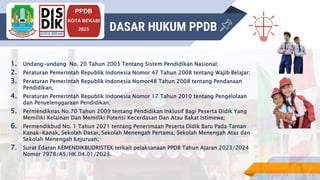 INSRUCTIONS FOR USE
PPDB
KOTA BEKASI
2023
1. Undang-undang No. 20 Tahun 2003 Tentang Sistem Pendidikan Nasional;
2. Peraturan Pemerintah Republik Indonesia Nomor 47 Tahun 2008 tentang Wajib Belajar;
3. Peraturan Pemerintah Republik Indonesia Nomor48 Tahun 2008 tentang Pendanaan
Pendidikan;
4. Peraturan Pemerintah Republik Indonesia Nomor 17 Tahun 2010 tentang Pengelolaan
dan Penyelenggaraan Pendidikan;
5. Permendiknas No.70 Tahun 2009 tentang Pendidikan Inklusif Bagi Peserta Didik Yang
Memiliki Kelainan Dan Memiliki Potensi Kecerdasan Dan Atau Bakat Istimewa;
6. Permendikbud No. 1 Tahun 2021 tentang Penerimaan Peserta Didik Baru Pada Taman
Kanak-Kanak, Sekolah Dasar, Sekolah Menengah Pertama, Sekolah Menengah Atas dan
Sekolah Menengah Kejuruan;
7. Surat Edaran KEMENDIKBUDRISTEK terkait pelaksanaan PPDB Tahun Ajaran 2023/2024
Nomor 7978/A5/HK.04.01/2023.
DASAR HUKUM PPDB
 