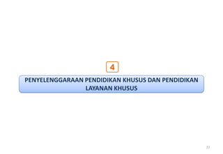 4
PENYELENGGARAAN PENDIDIKAN KHUSUS DAN PENDIDIKAN
                LAYANAN KHUSUS




                                                   23
 