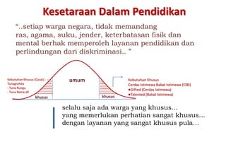 Kesetaraan Dalam Pendidikan
     “..setiap warga negara, tidak memandang
     ras, agama, suku, jender, keterbatasan fisik dan
     mental berhak memperoleh layanan pendidikan dan
     perlindungan dari diskriminasi.. ”


Kebutuhan Khusus (Cacat) - ----
Tunagrahita
                                   umum               Kebutuhan Khusus
                                                      Cerdas Istimewa Bakat Istimewa (CIBI)
- Tuna Rungu
                                                      ●Gifted (Cerdas Istimewa)
- Tuna Netra dll
                                                      ●Talented (Bakat Istimewa)
                   khusus                    khusus

                                  selalu saja ada warga yang khusus…
                                  yang memerlukan perhatian sangat khusus…
                                  dengan layanan yang sangat khusus pula…
 