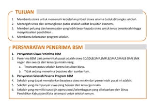 TUJUAN
1. Membantu siswa untuk memenuhi kebutuhan pribadi siswa selama duduk di bangku sekolah.
2. Mencegah siswa dari kemungkinan putus sekolah akibat kesulitan ekonomi.
3. Memberi peluang dan kesempatan yang lebih besar kepada siswa untuk terus bersekolah hingga
   menyelesaikan pendidikan .
4. Membantu kelancaran program sekolah.


PERSYARATAN PENERIMA BSM
1. Persyaratan Siswa Penerima BSM
2. Penerima BSM dari pemerintah pusat adalah siswa SD,SDLB,SMP,SMPLB,SMA,SMALB DAN SMK
   negeri dan swasta dari keluarga miskin yang:
    a. Terancam putus sekolah karena kesulitan biaya.
    b. Tidak sedang menerima beasiswa dari sumber lain.
3. Persyaratan Sekolah Peserta Program BSM
4. Sekolah yang dapat menyalurkan beasiswa siswa miskin dari pemerintah pusat ini adalah:
5. Sekolah yang mempunyai siswa yang berasal dari keluarga miskin.
6. Sekolah yang memiliki surat ijin operasional/kelembagaan yang dikeluarkan oleh Dinas
   Pendidikan Kabupaten/Kota setempat untuk sekolah umum.
 