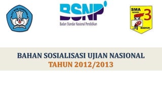 BAHAN SOSIALISASI UJIAN NASIONAL
       TAHUN 2012/2013
 