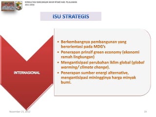 KONSULTASI RANCANGAN AKHIR RPJMD KAB. PELALAWAN
            2011-2016




November 23, 2012                                             19
 