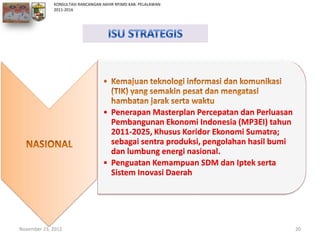 KONSULTASI RANCANGAN AKHIR RPJMD KAB. PELALAWAN
             2011-2016




                                  • Penerapan Masterplan Percepatan dan Perluasan
                                    Pembangunan Ekonomi Indonesia (MP3EI) tahun
                                    2011-2025, Khusus Koridor Ekonomi Sumatra;
                                    sebagai sentra produksi, pengolahan hasil bumi
                                    dan lumbung energi nasional.
                                  • Penguatan Kemampuan SDM dan Iptek serta
                                    Sistem Inovasi Daerah




November 23, 2012                                                                    20
 